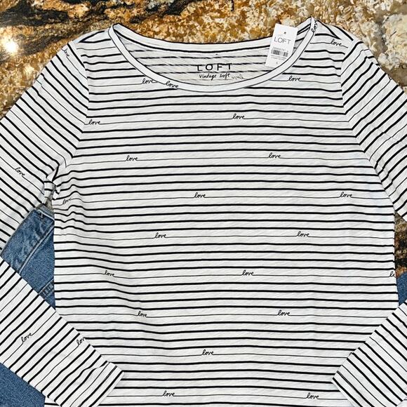 NWT LOFT White W/Black "Love" Stripe Print Long Sleeve Vintage Cotton Tee - XS - Picture 6 of 9